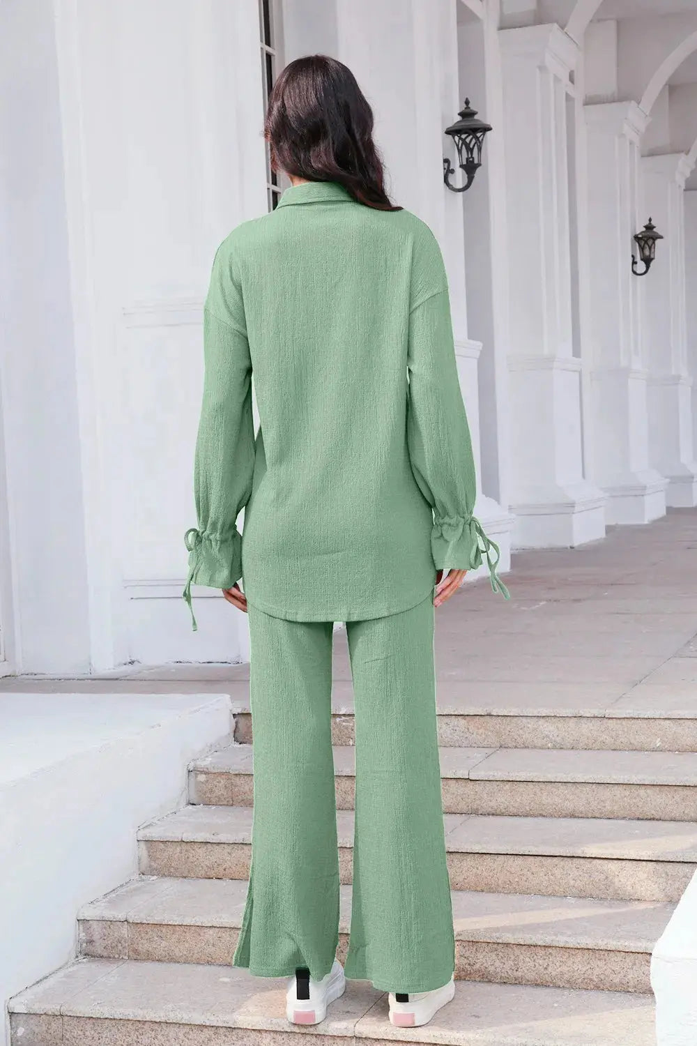 Drawstring Flounce Sleeve Shirt and Pants Set - CHIC TB