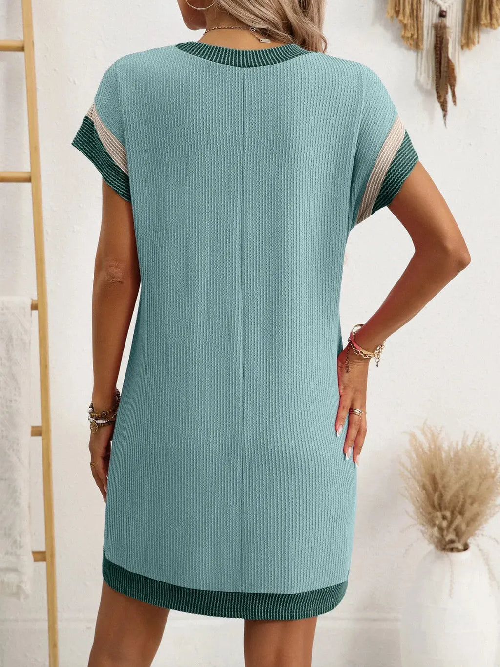 Round Neck Short Sleeve Mini Dress.