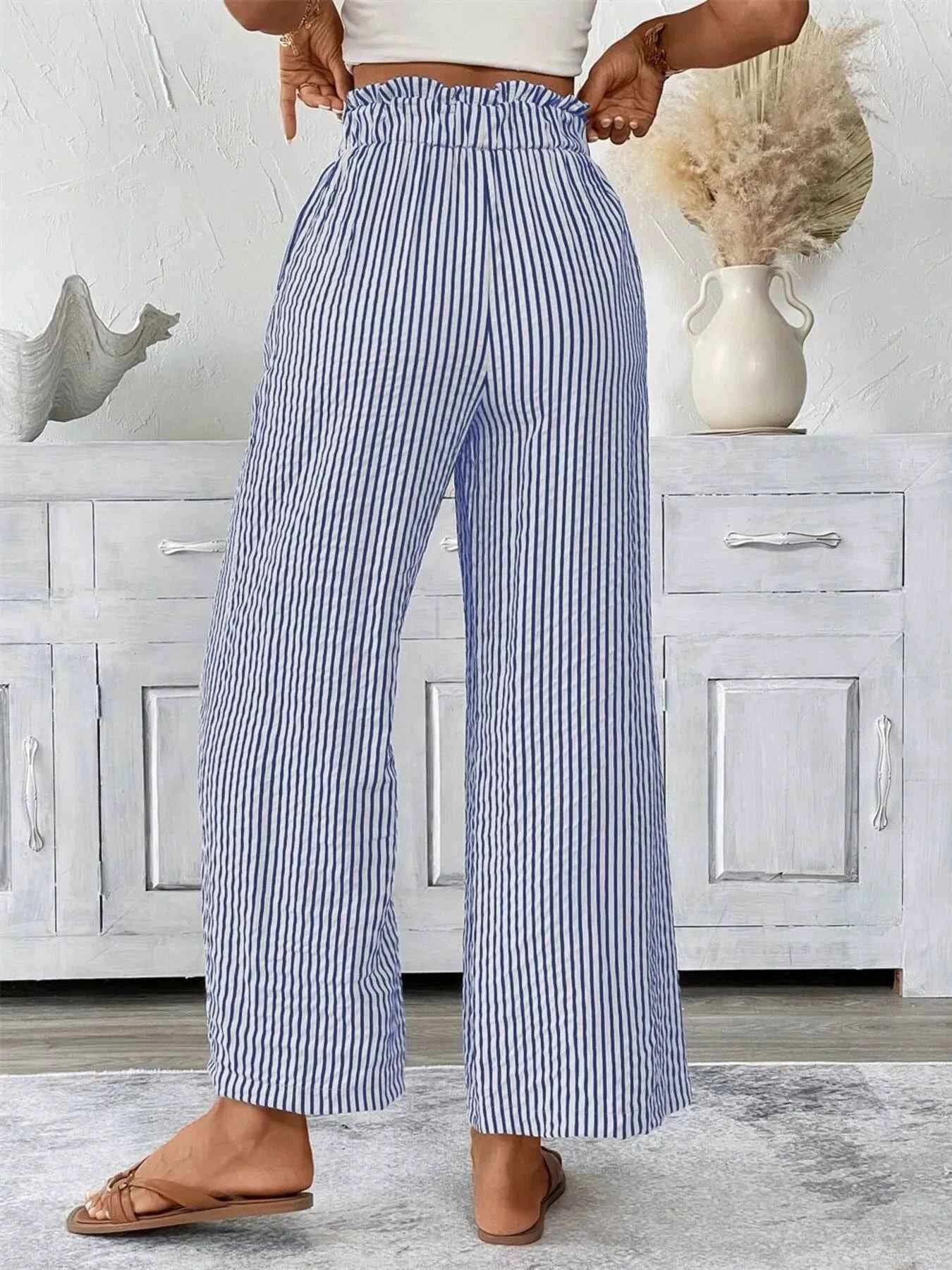 Full Size Striped Wide Leg Paper Bag Pants Plus Size