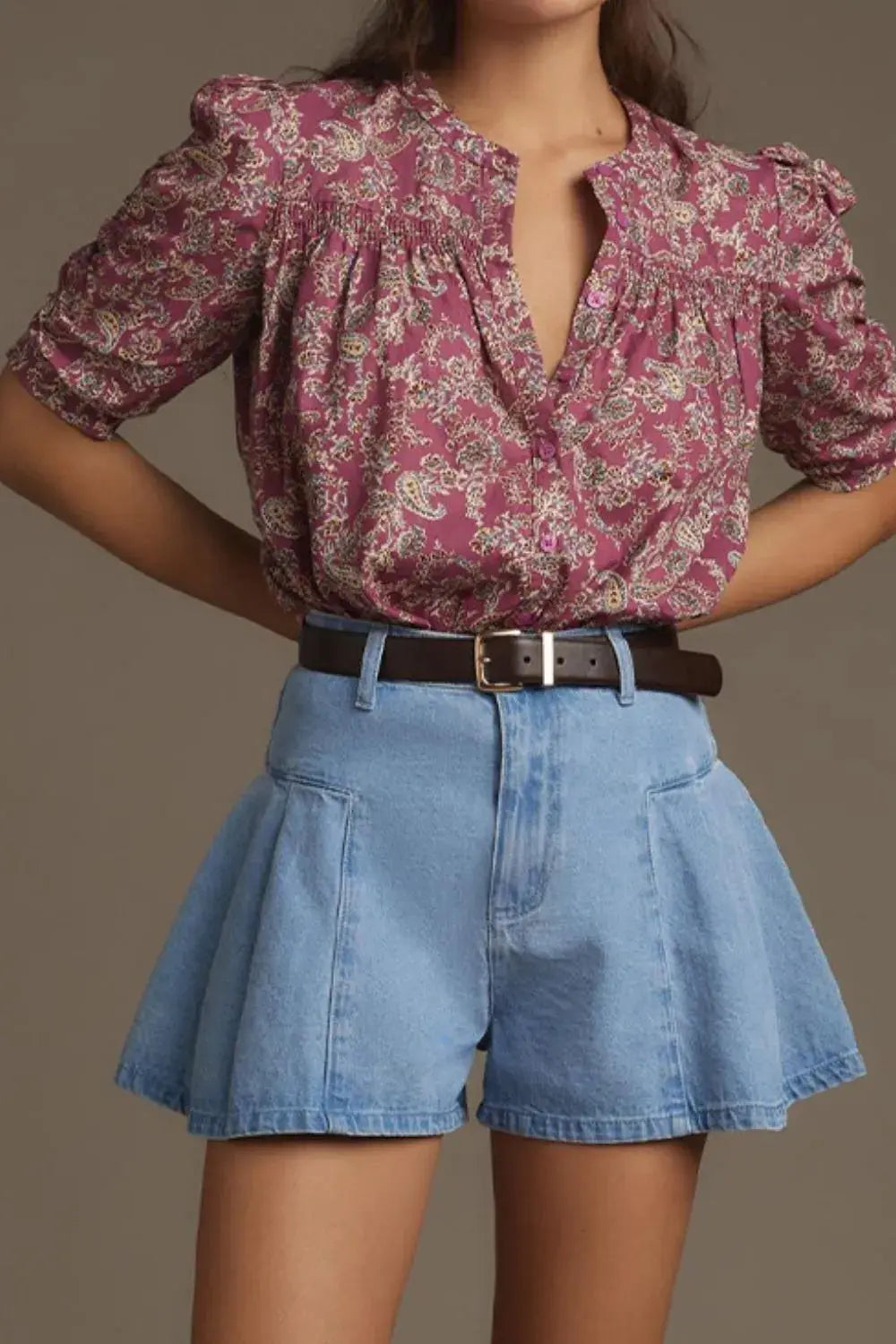 Pleated Patchwork Panel Lightweight Denim Shorts.