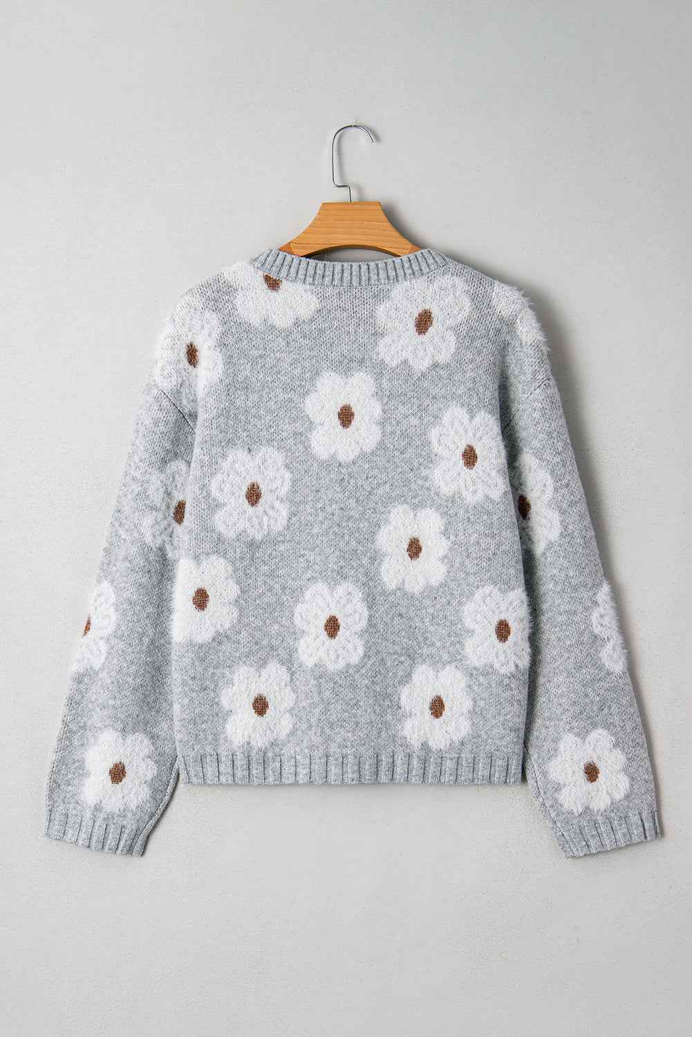 Gray Cute Flower Print V Neck Drop Shoulder Baggy Sweater