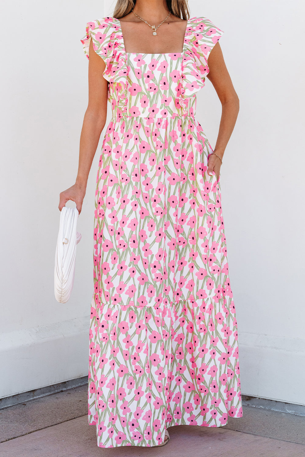 Pink Floral Print Square Neck Ruffled Strap Maxi Dress Dear-Lover Dropshipping