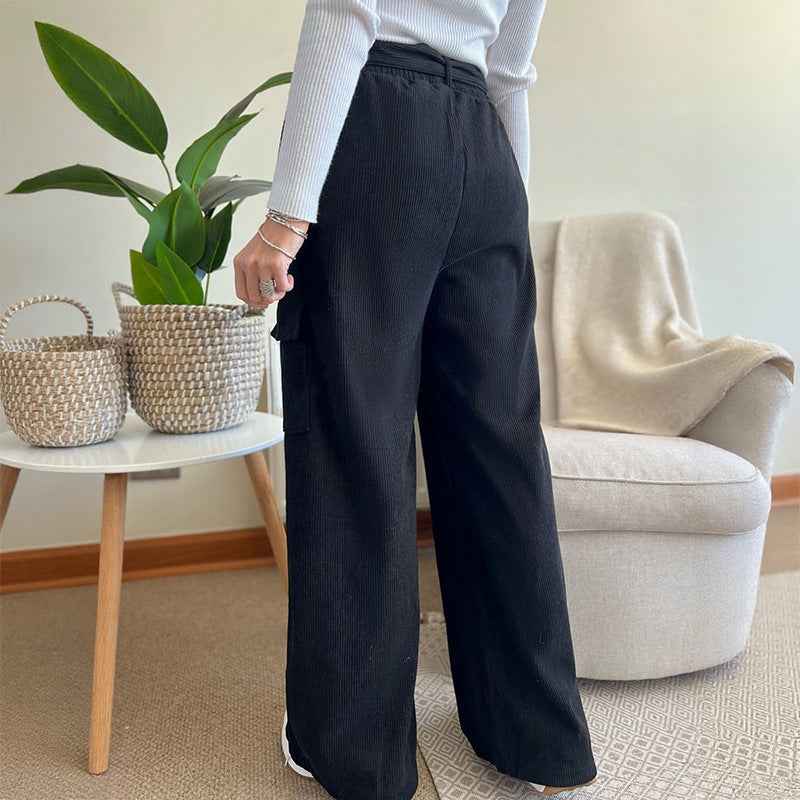 Minimalist style loose solid color corduroy wide leg pants for women