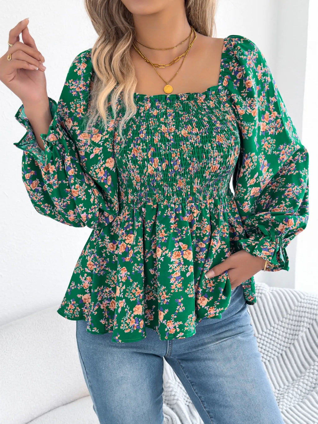 Floral Square Neck Flounce Sleeve Blouse.