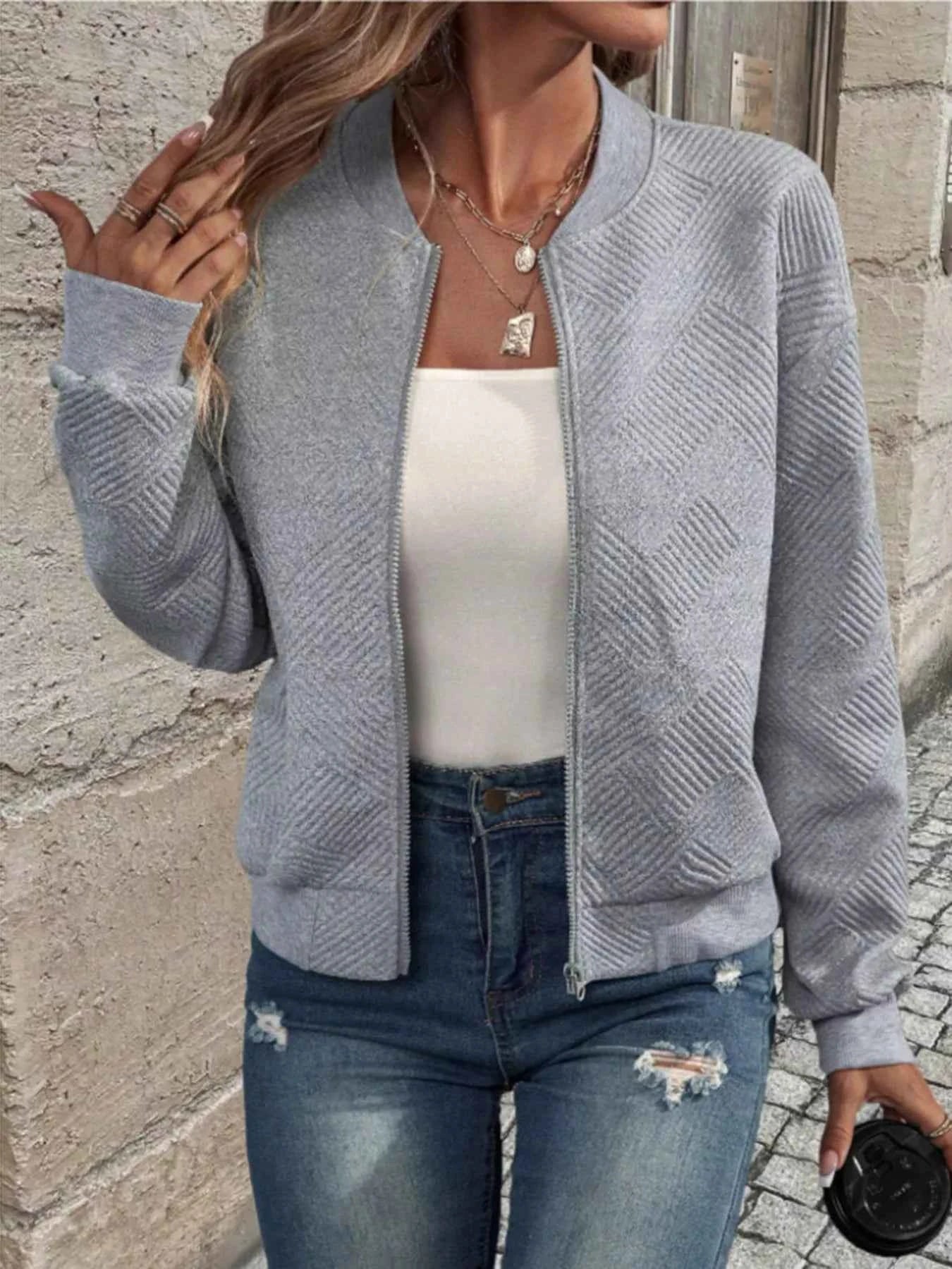 Textured Knit Zip-Up Bomber Jacket