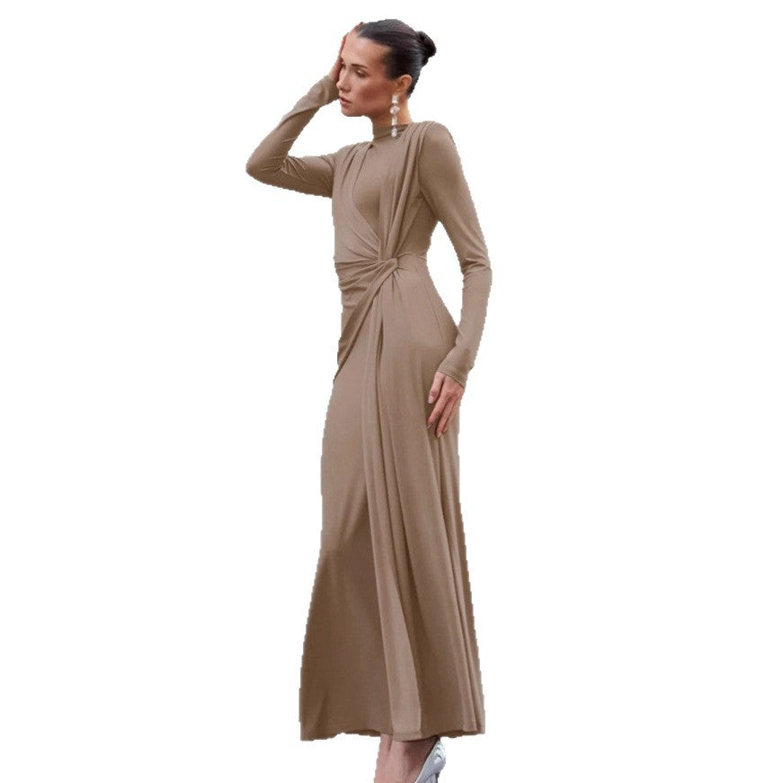 Cross-border Brown Round Neck Knitted Dress Women Design Sense Base Skirt Fitted Long Dress Women's Wear eprolo
