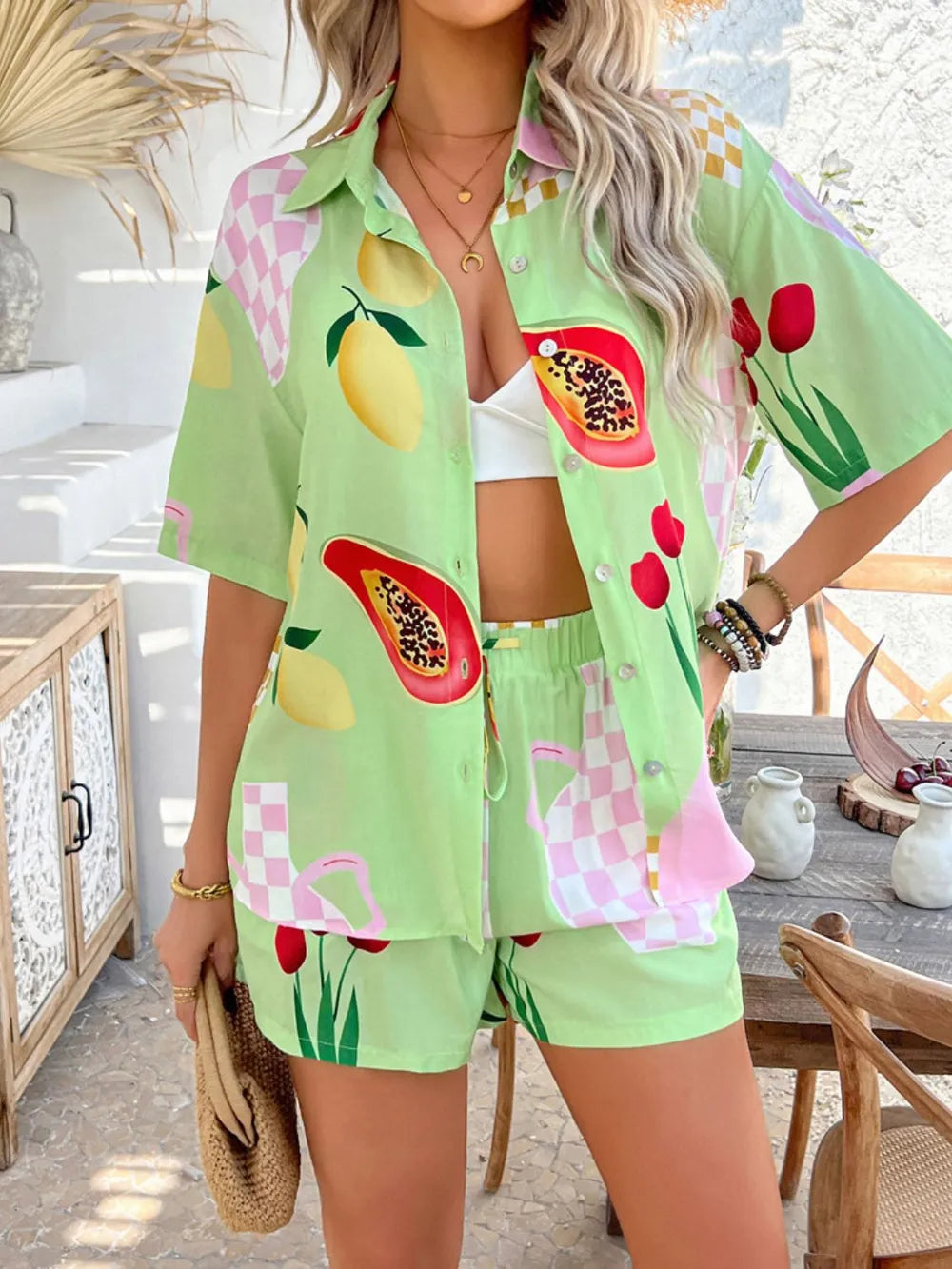 Buttoned Shirt and Shorts Set - CHIC TB