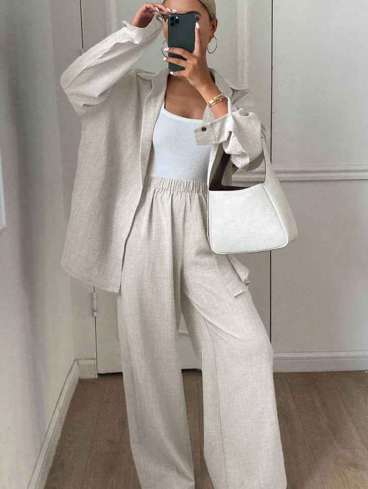 Womens Solid-Color Casual Loose Cotton-Linen Long-Sleeve Shirt And Pants Set
