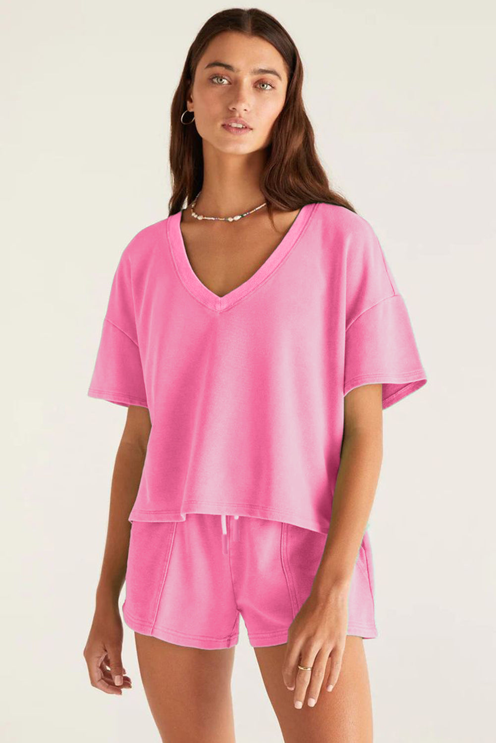 Bonbon V Neck Drop Shoulder Tee and Patchwork Drawstring Elastic Waistband Shorts Set Dear-Lover Dropshipping