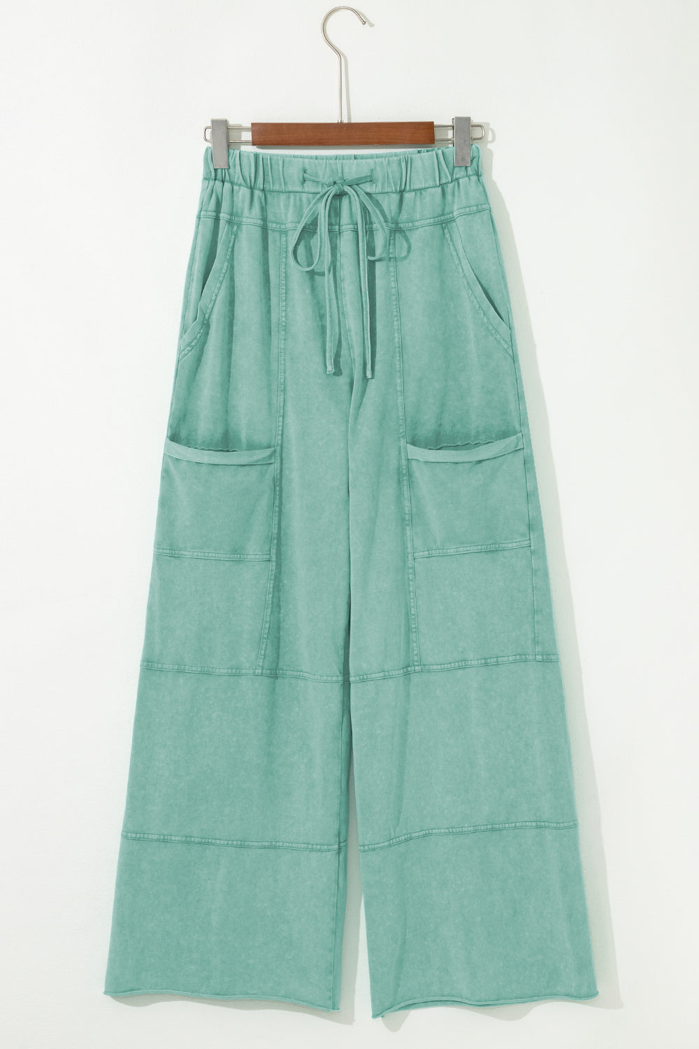 Mint Green Mineral Wash Exposed Seam Drawstring Elastic Waistband Wide Leg Cargo Pants Dear-Lover Dropshipping