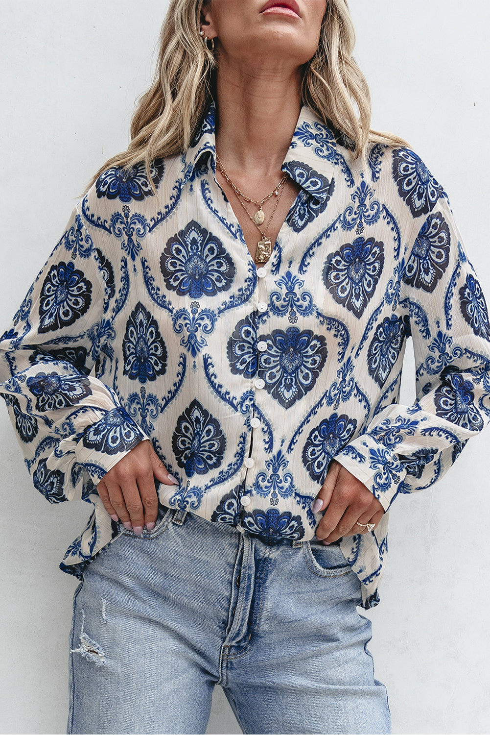 Blue Tribal Pattern Buttoned Front Loose Shirt Dear-Lover Dropshipping