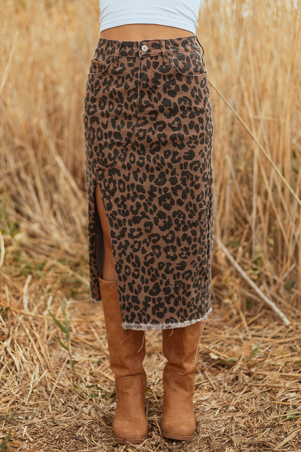 Brown Leopard Denim Frayed Split Denim Midi Skirt Dear-Lover Dropshipping