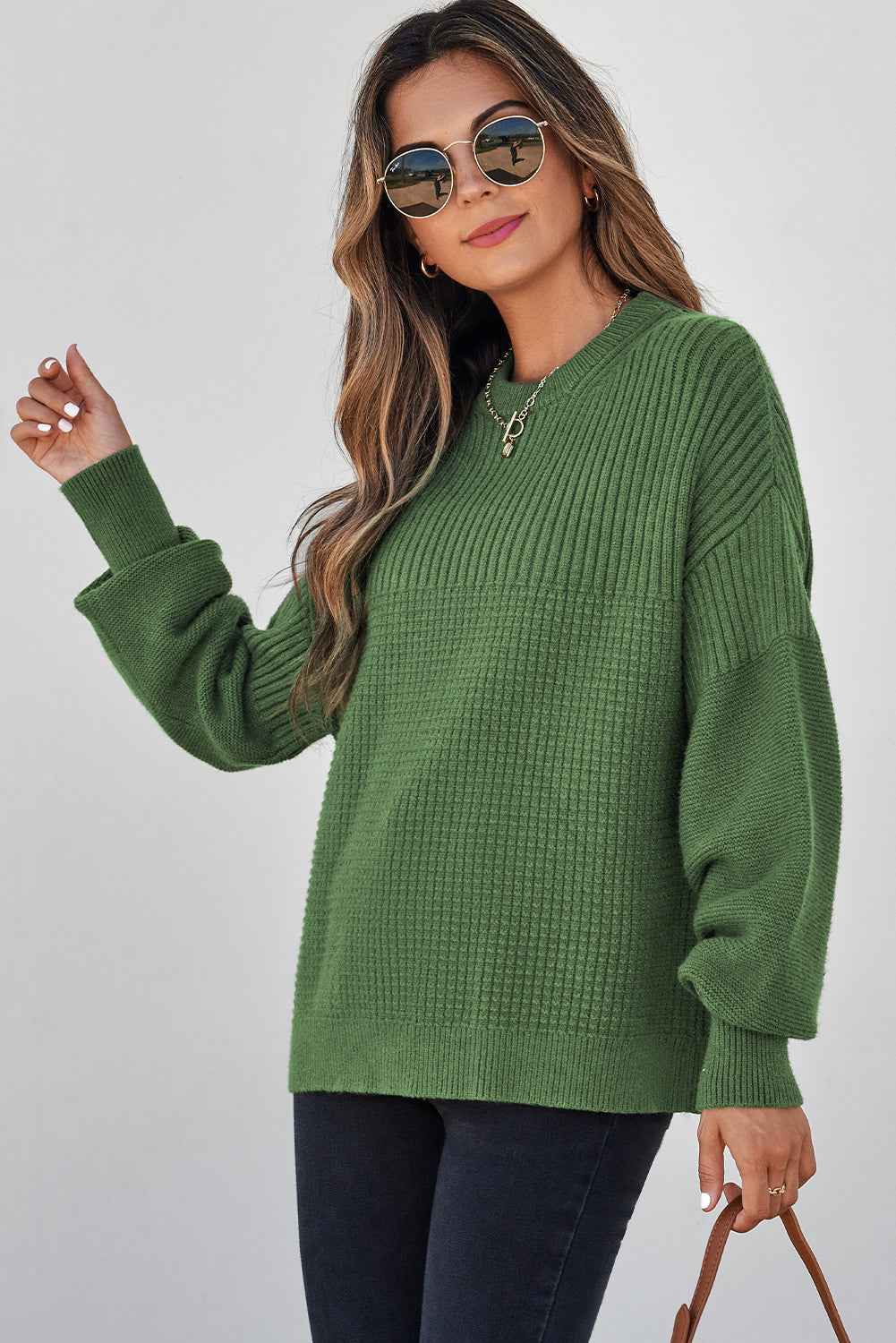 Vineyard Green Solid Color Mixed Textured Knitted Crew Neck Sweater