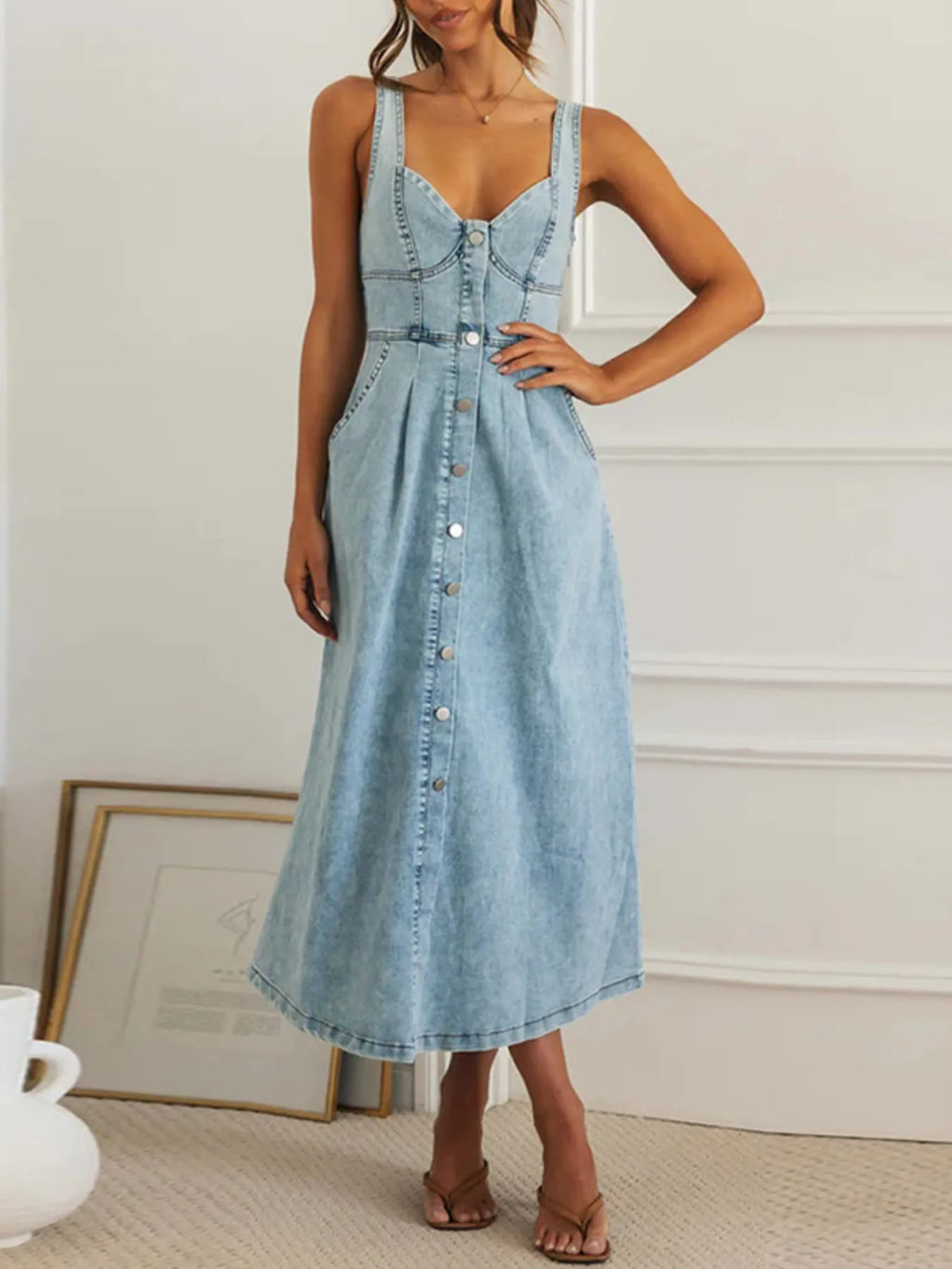 Sweetheart Neck Button-Front Midi Denim Dress.