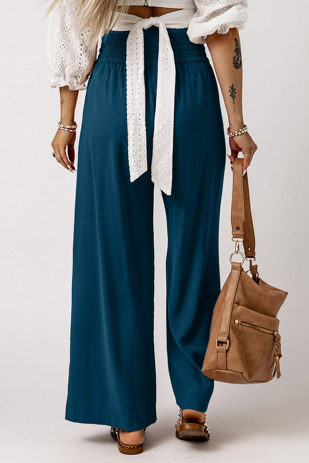 Blue Drawstring Elastic Waist Casual Wide Leg Pants Dear-Lover Dropshipping