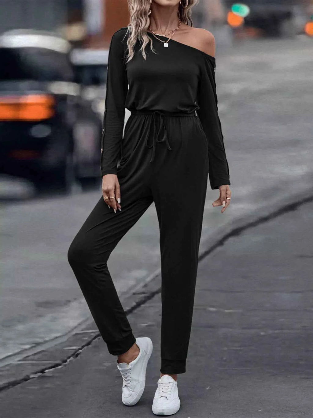 One Shoulder Long Sleeve Jumpsuit.