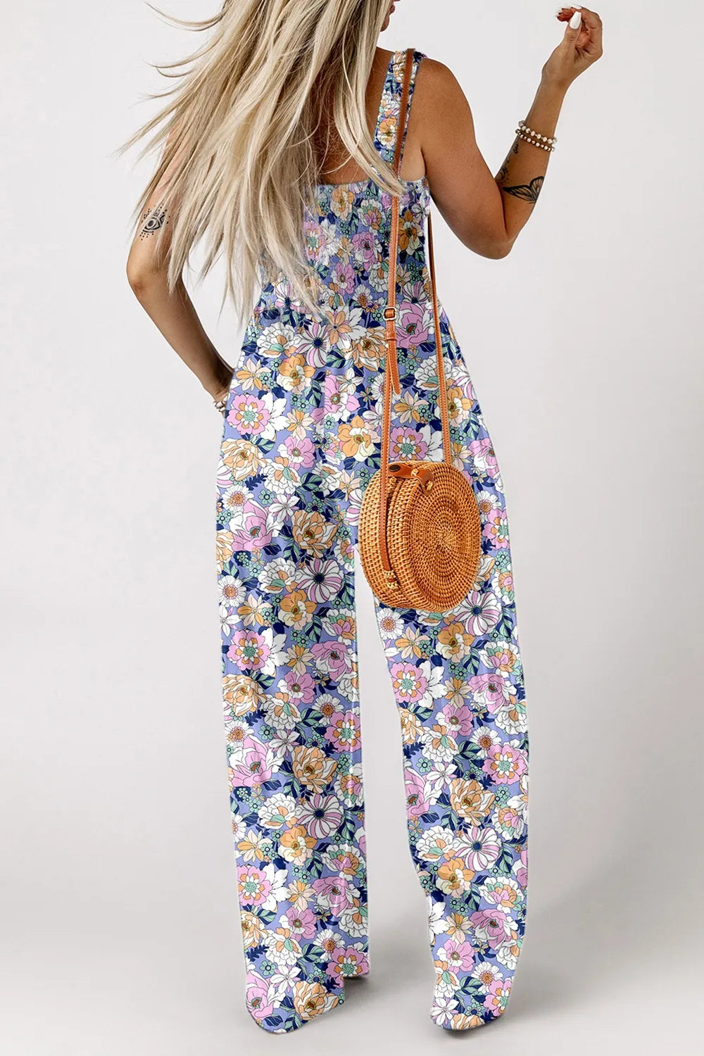 Floral Print Smocked High Waist Square Neck Jumpsuit.