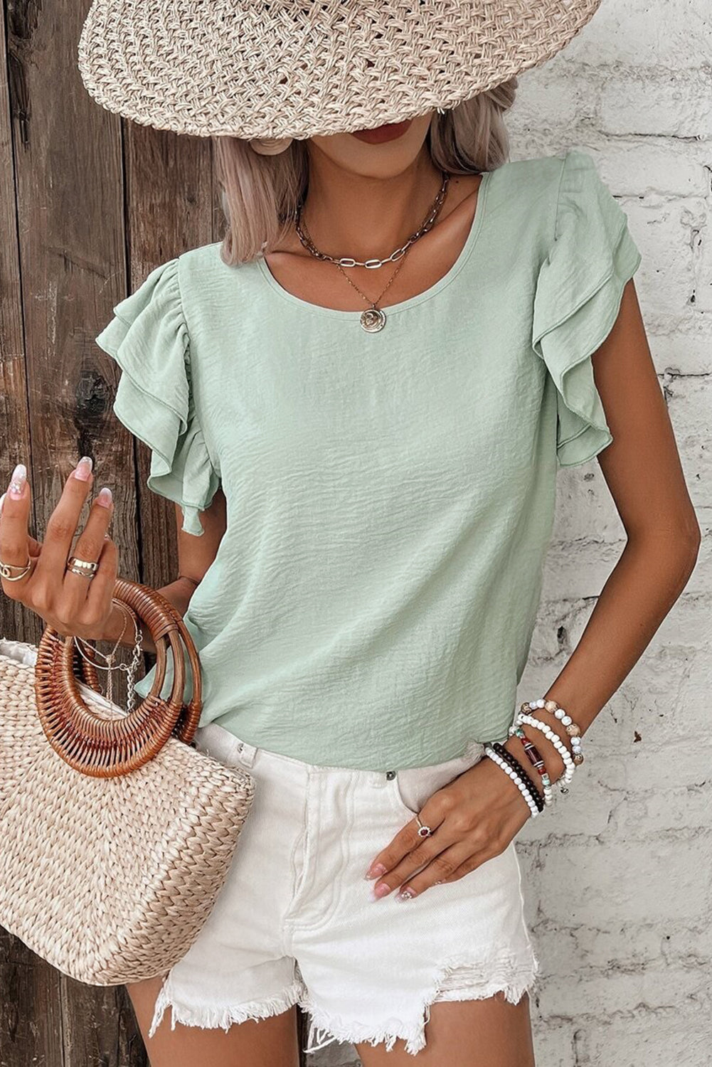 Clearly Aqua Solid Color Ruffled Short Sleeve Casual Blouse Dear-Lover Dropshipping
