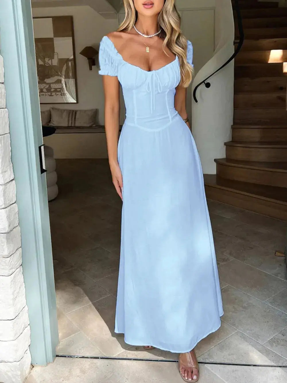 Devine Sweetheart Neck Short Sleeve Maxi Dress.