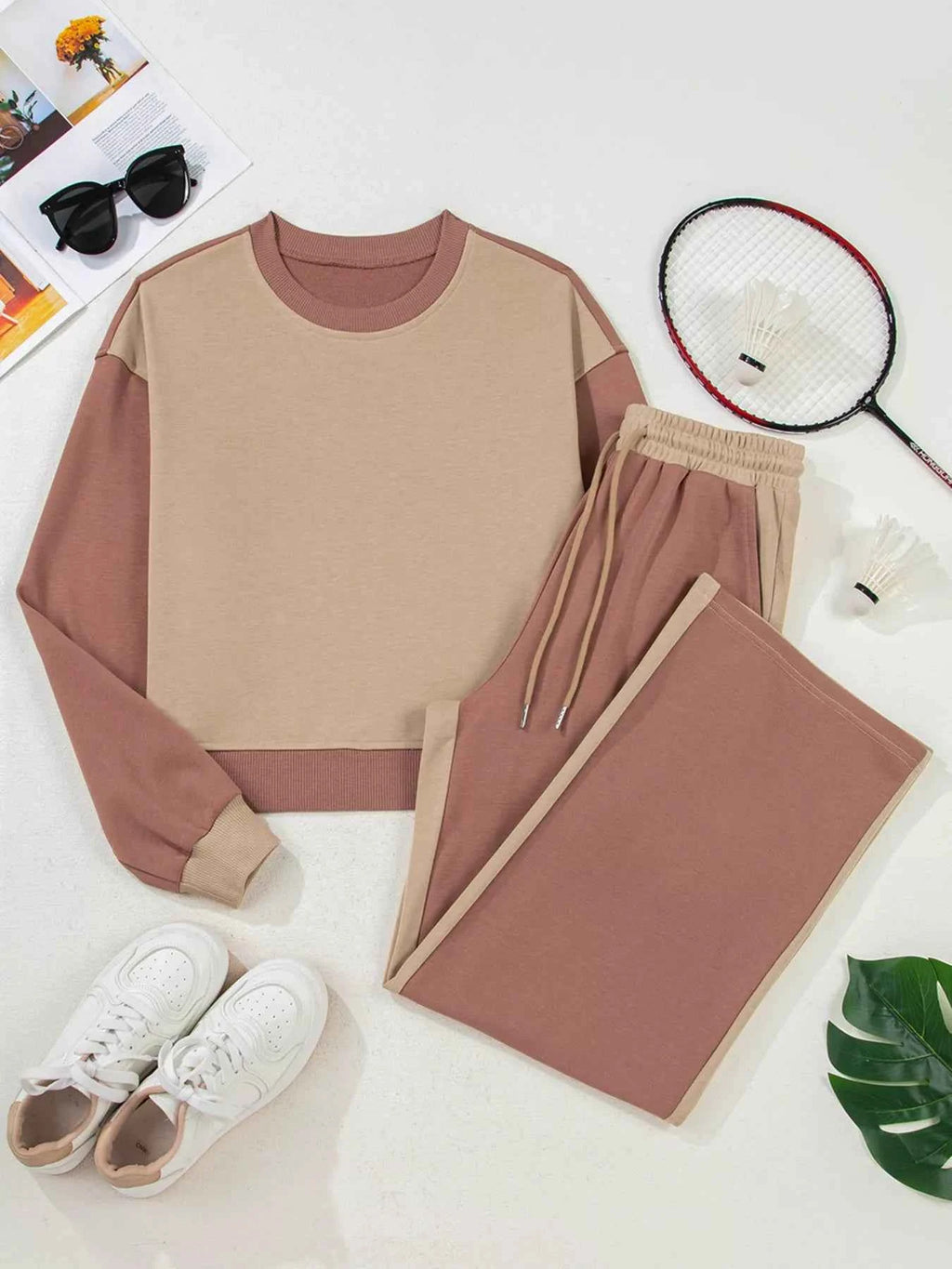Color Block Long Sleeve Crop Top Drawstring Pant Set