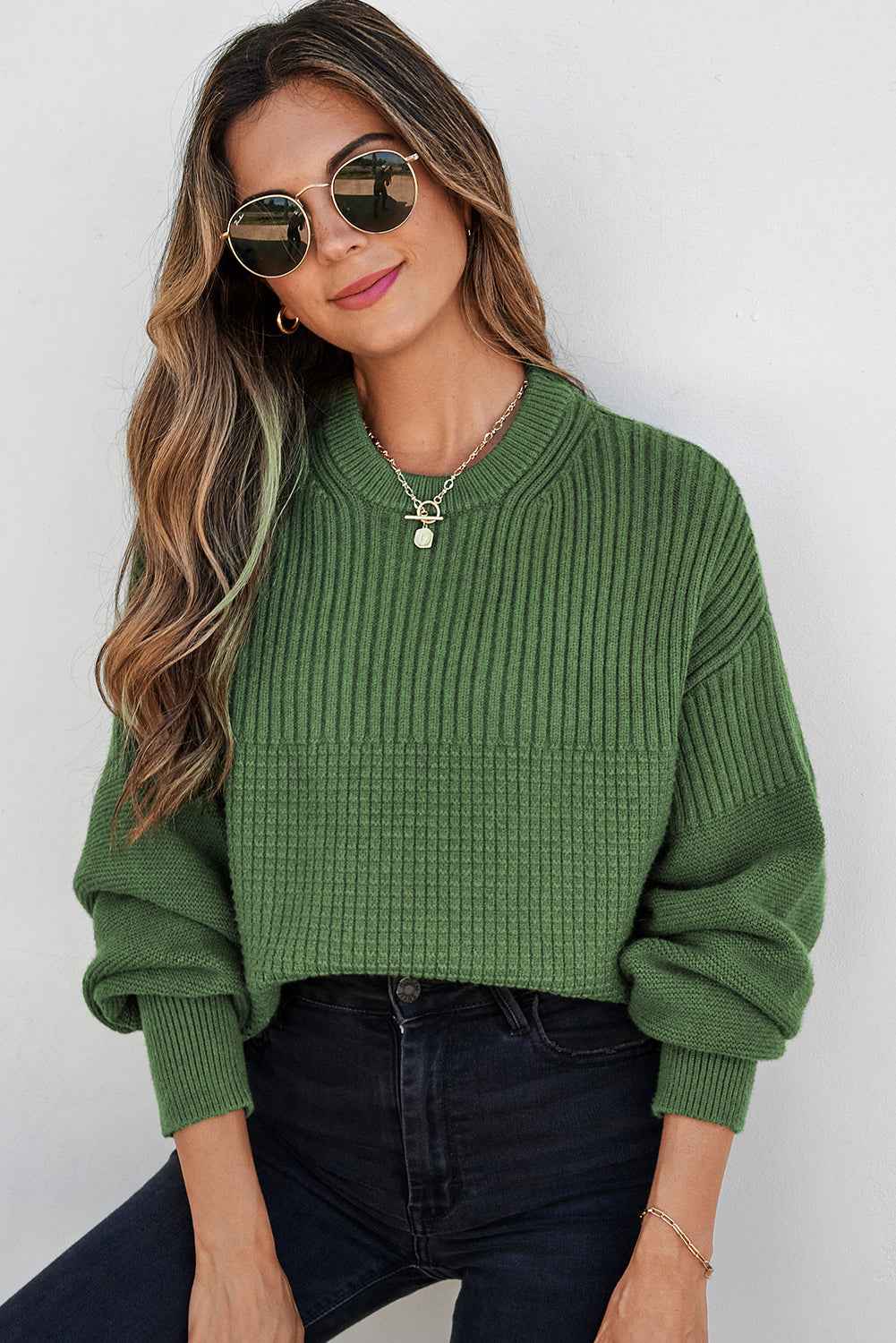 Vineyard Green Solid Color Mixed Textured Knitted Crew Neck Sweater
