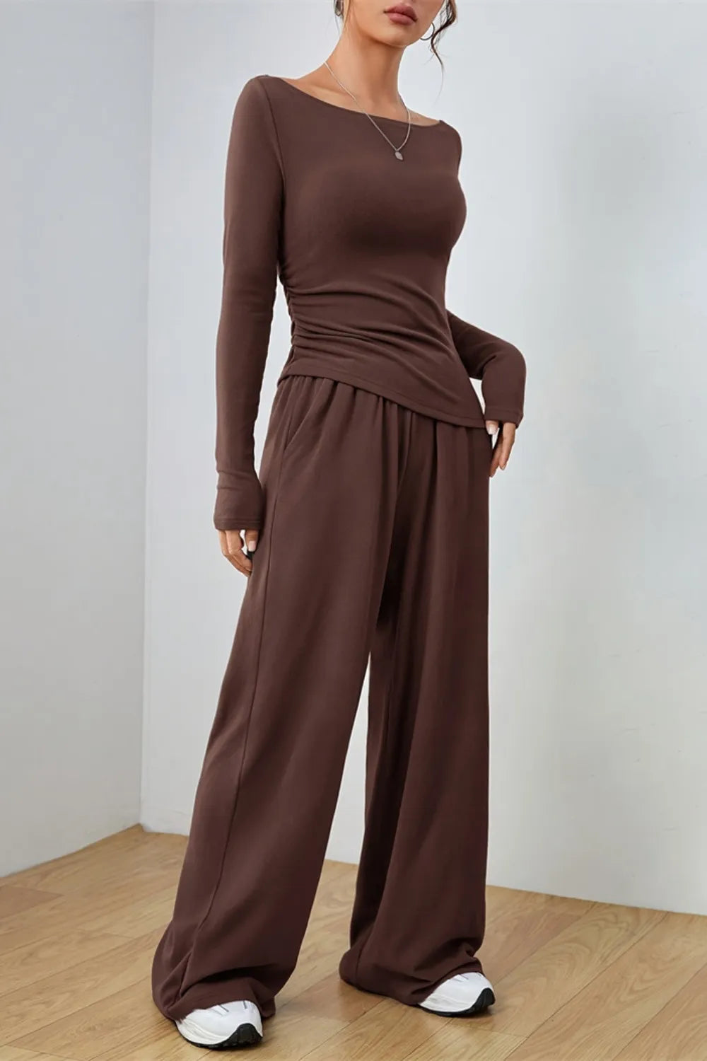 Boat Neck Long Sleeve Top and Pants Set.