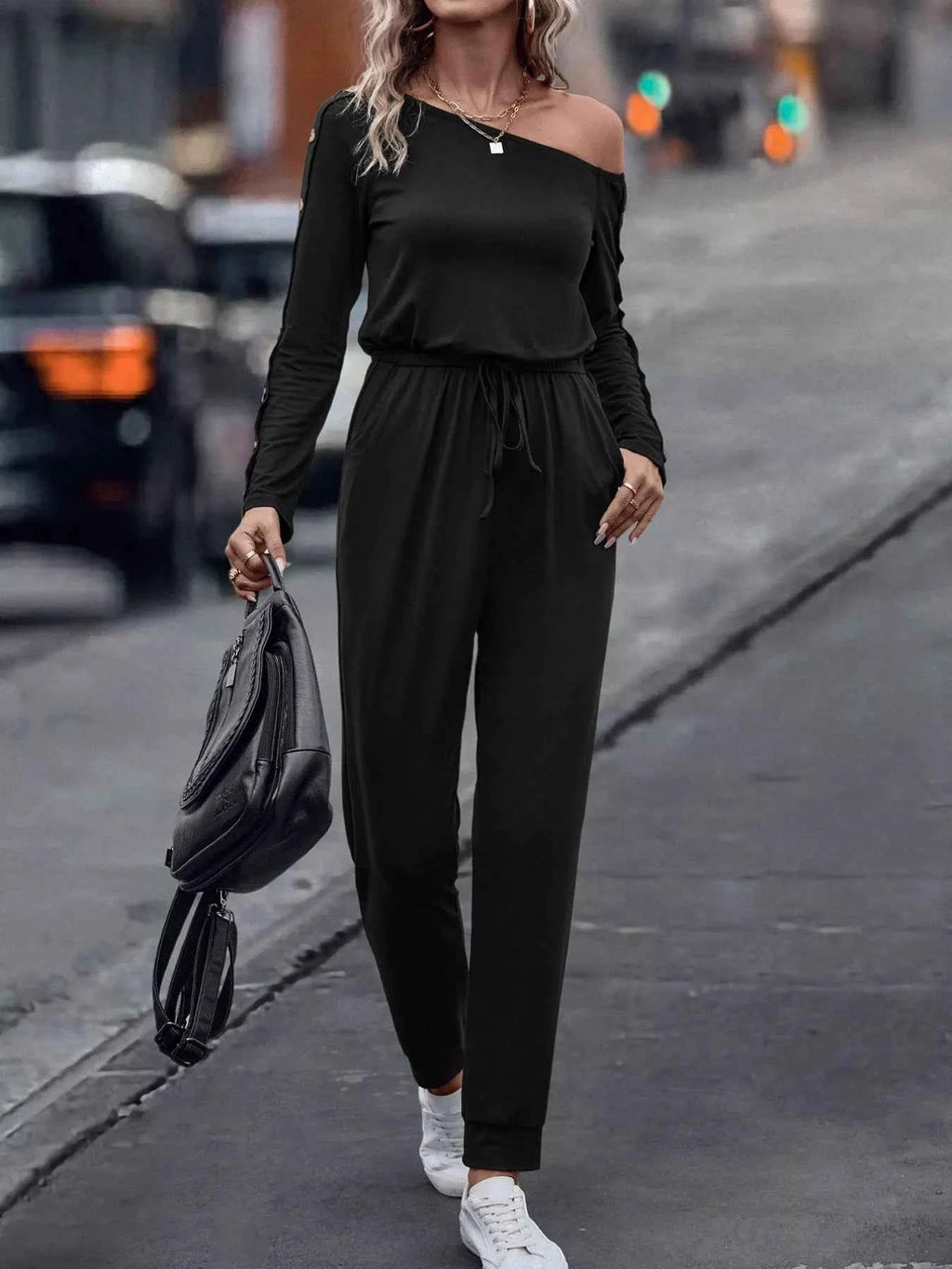 One Shoulder Long Sleeve Jumpsuit.