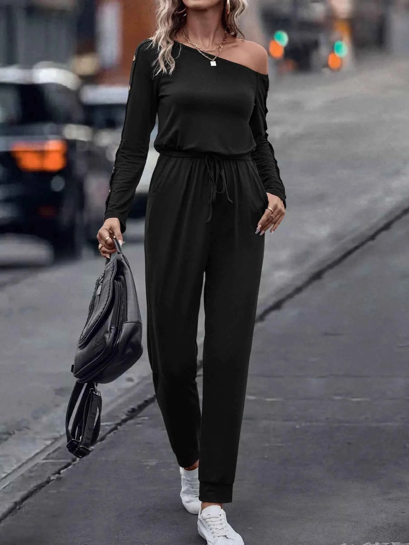 One Shoulder Long Sleeve Jumpsuit.