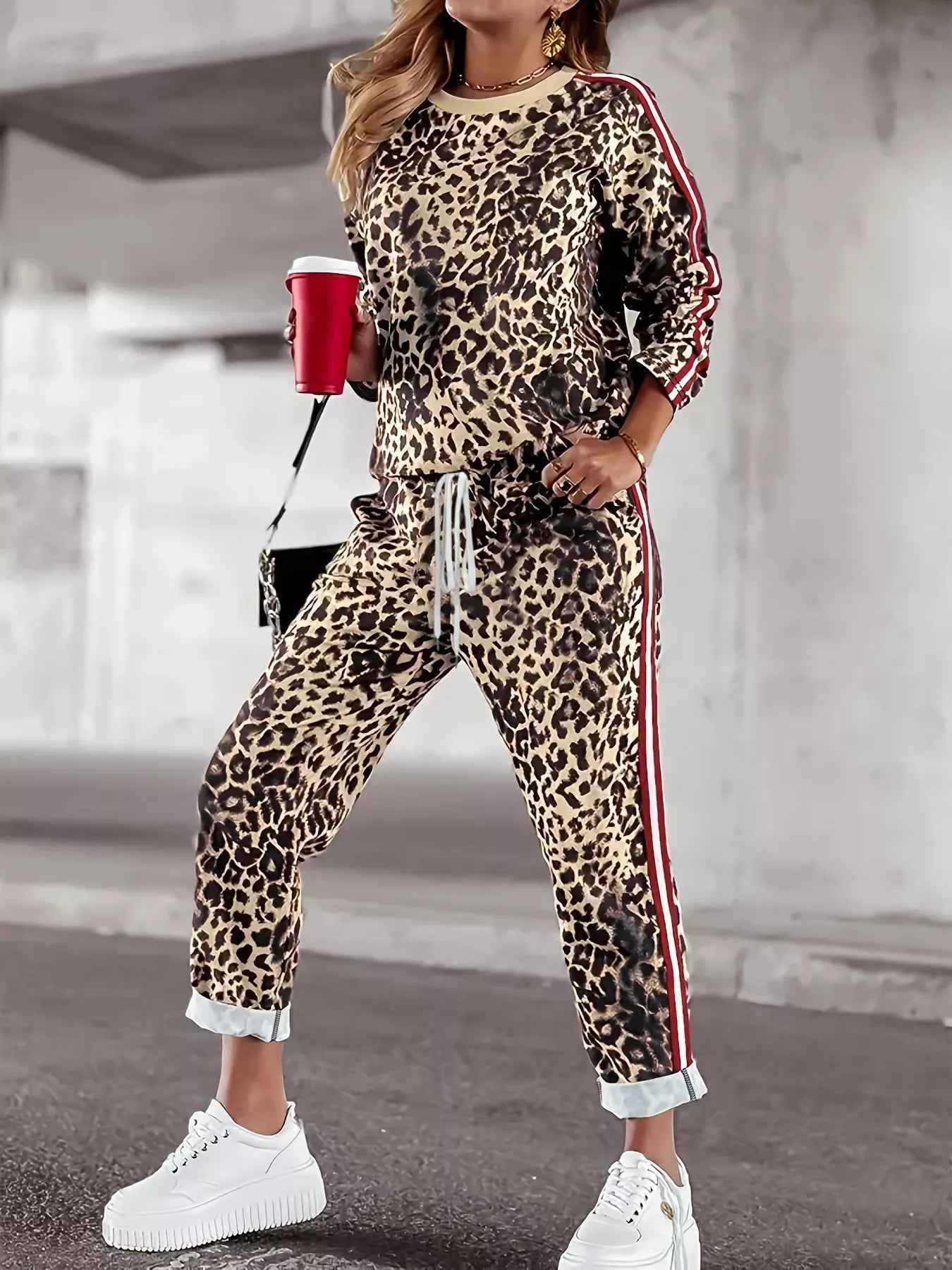 Plus Size Leopard Print Long Sleeve Top and Pants Set