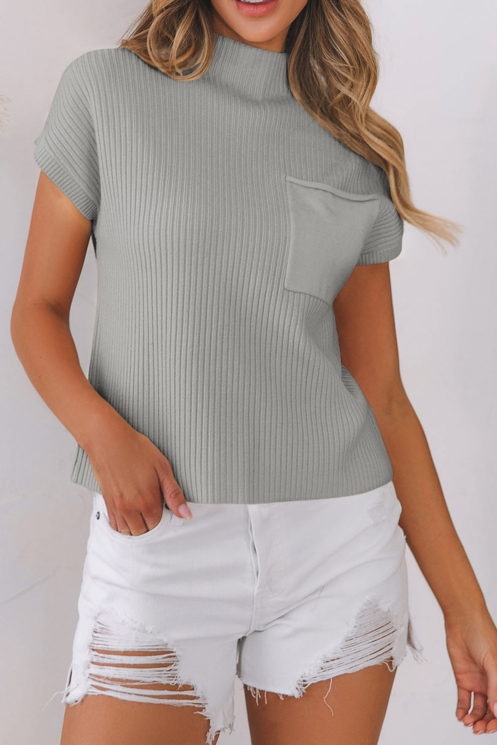 Gray Patch Pocket Ribbed Knit Short Sleeve Sweater Dear-Lover Dropshipping