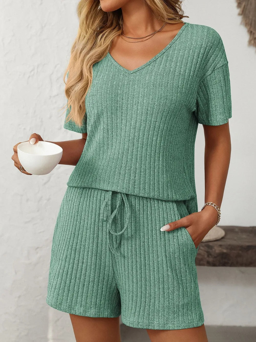 V-Neck Short Sleeve Top and Shorts Set.