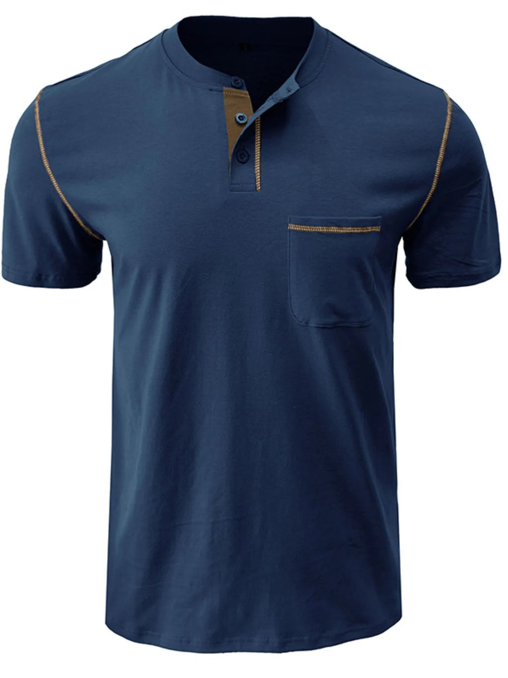 Men's Full Size Casual Henley T-Shirt with Contrast Stitching and Pocket Plus Size.
