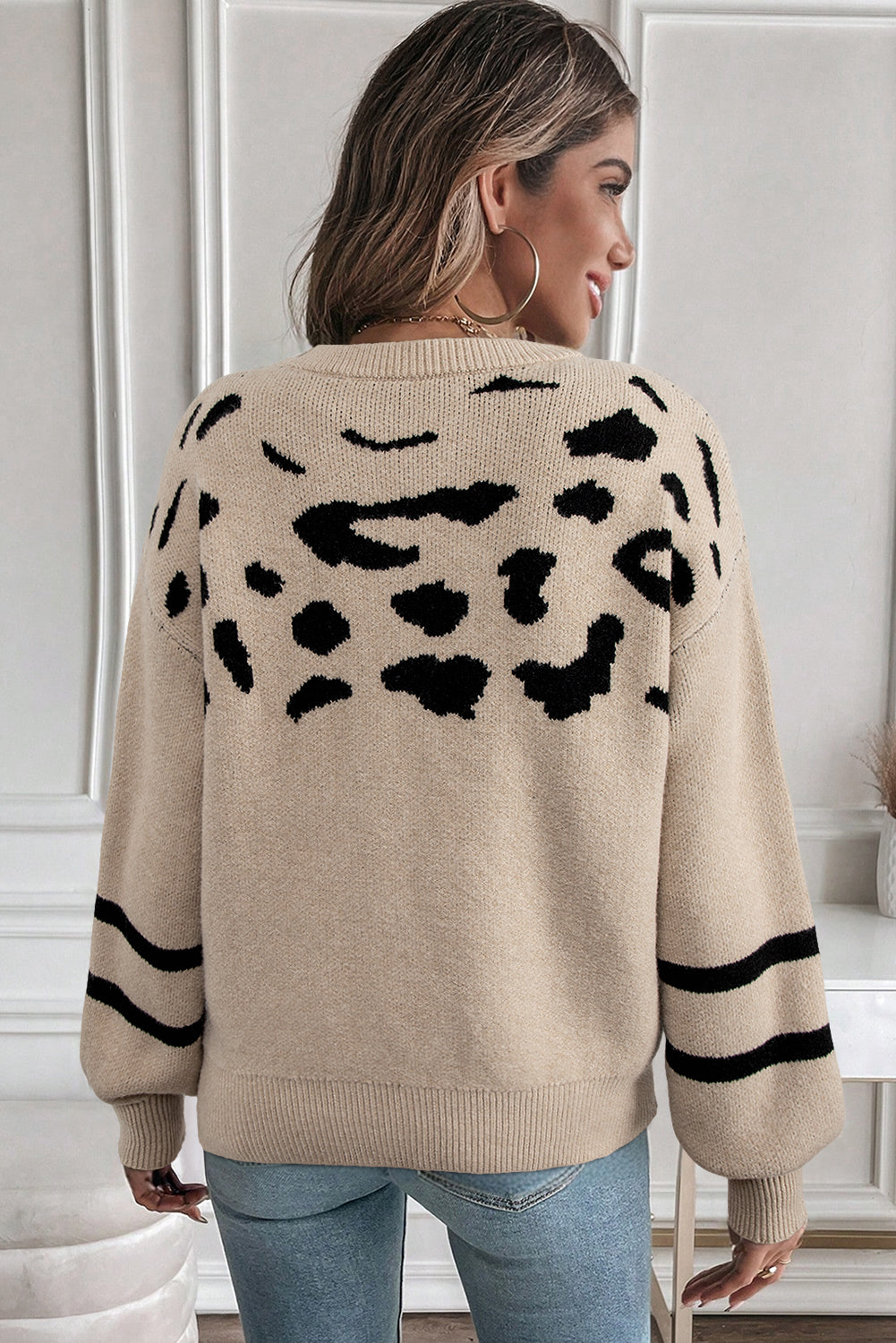 Khaki Leopard Striped Detail Drop Shoulder Sweater Dear-Lover Dropshipping