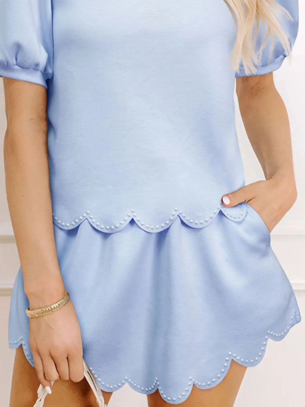 Puff Sleeve Pearl Embellished Scallop Trim Top and Skort Set.