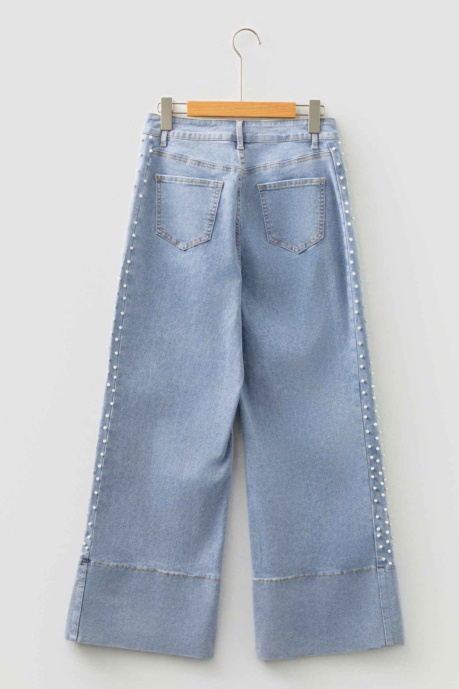 Beau Blue Mid Rise Pearl Embellished Split Wide Leg Jeans