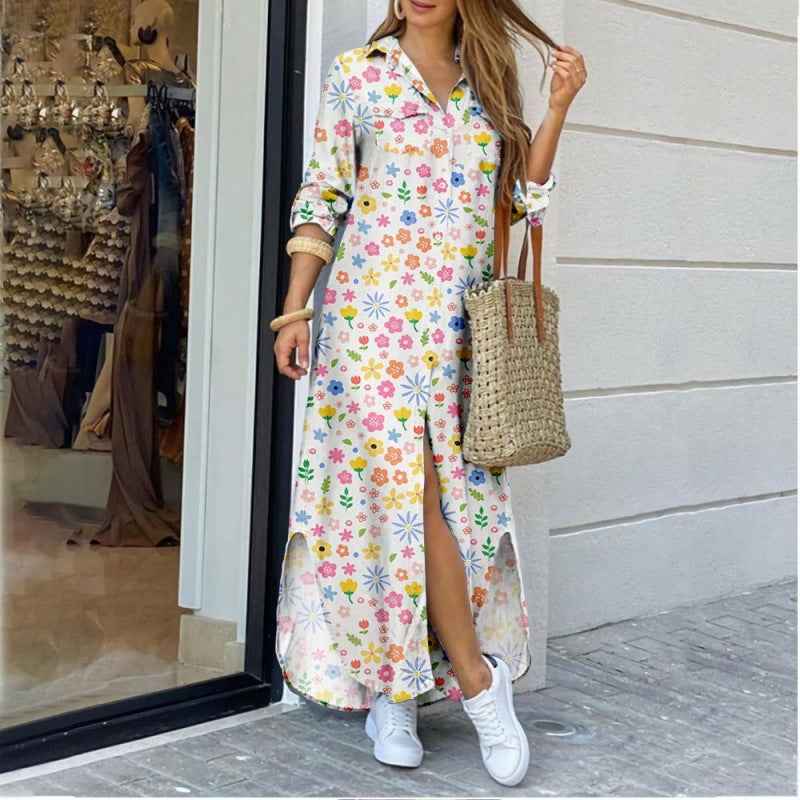 Lapel-collar Long Shirt Dress For Women