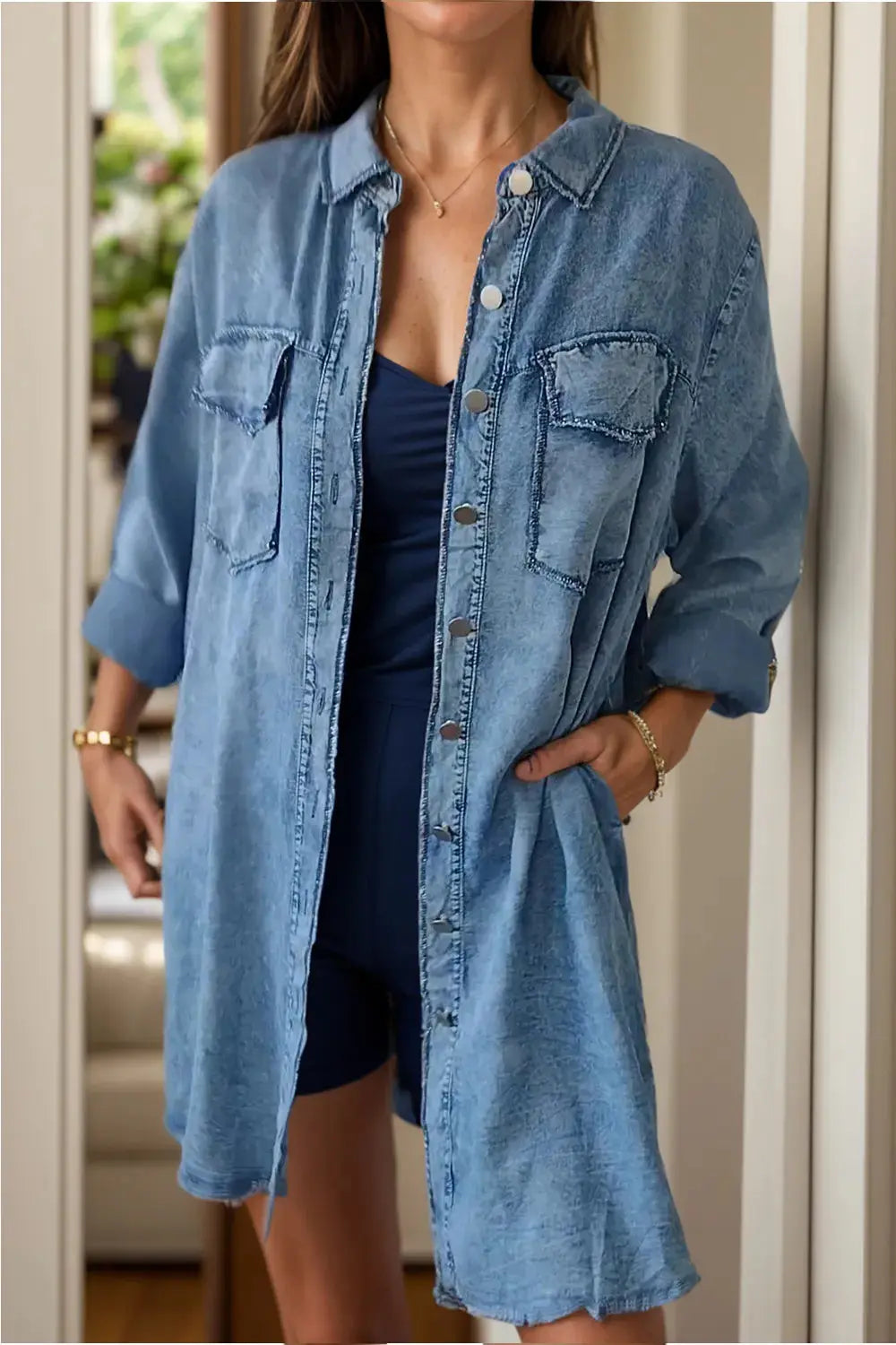 Full Size Pocketed Button Up Long Sleeve Denim Jacket.