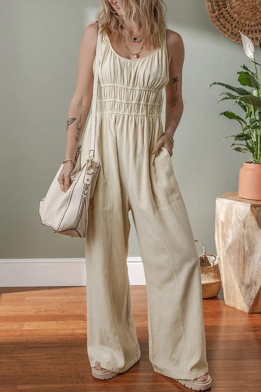 Ruched Sleeveless Wide Leg Jumpsuit - CHIC TB