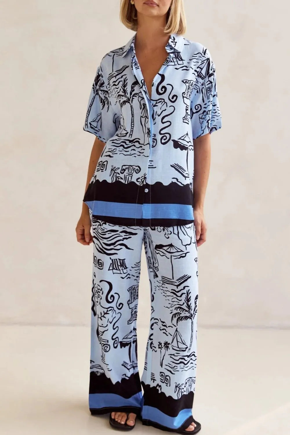 Printed Button Up Shirt and Pants Set Plus Size - CHIC TB