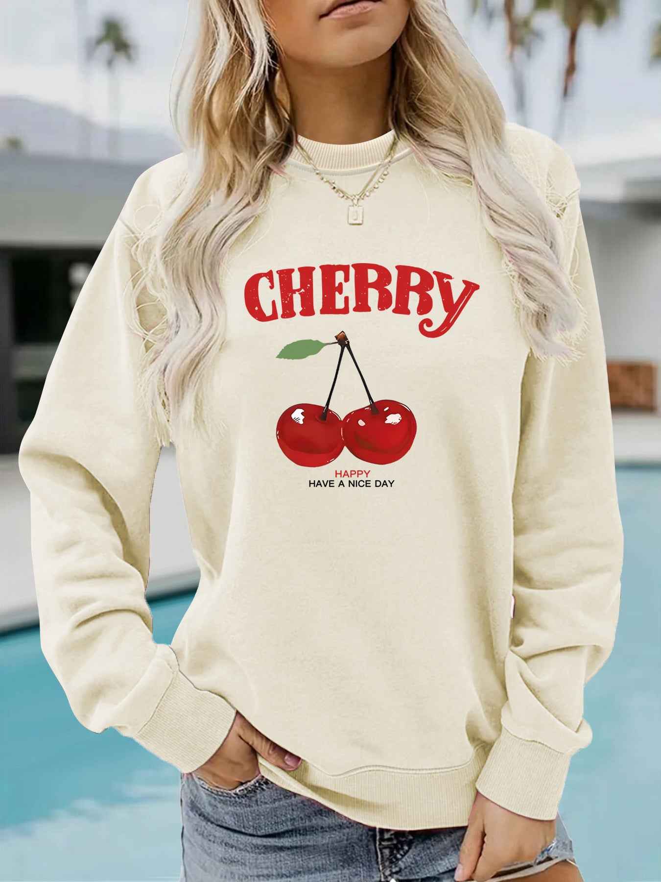 Round neck CHERRY cherry print pullover sweatshirt