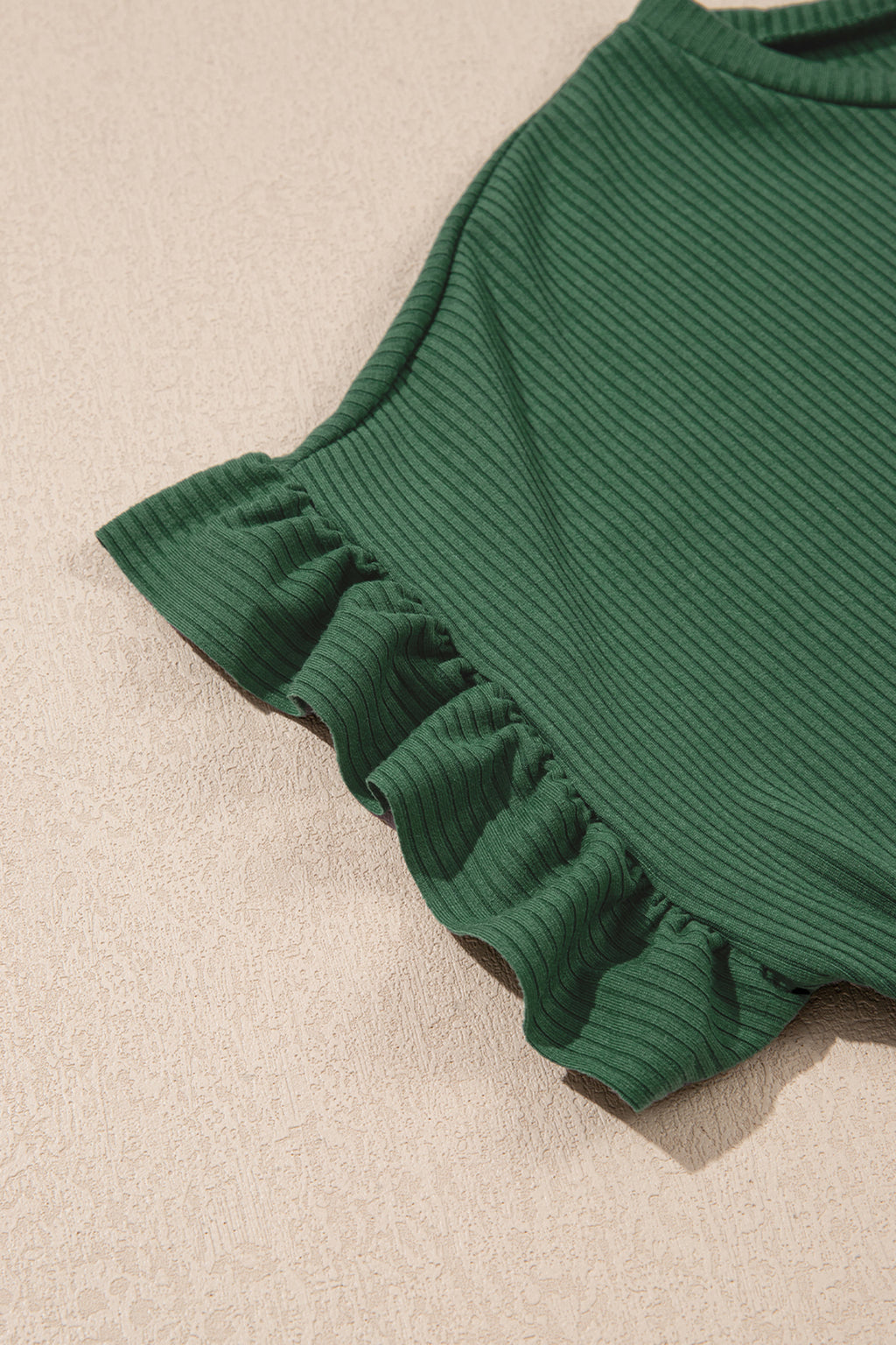 Blackish Green Solid Color Ribbed Ruffled Short Sleeve T Shirt