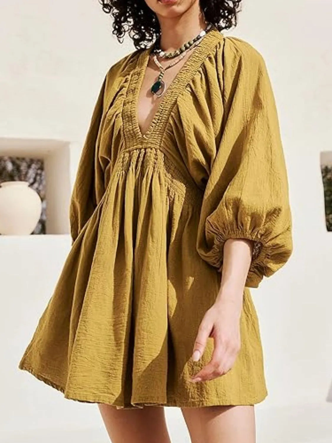 Textured V-Neck Mini Dress.