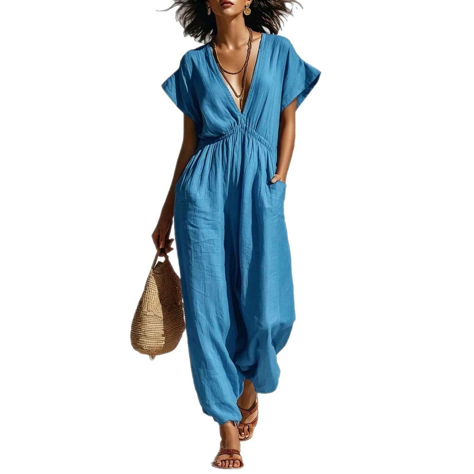 Deep V-neck loose fit pants for women