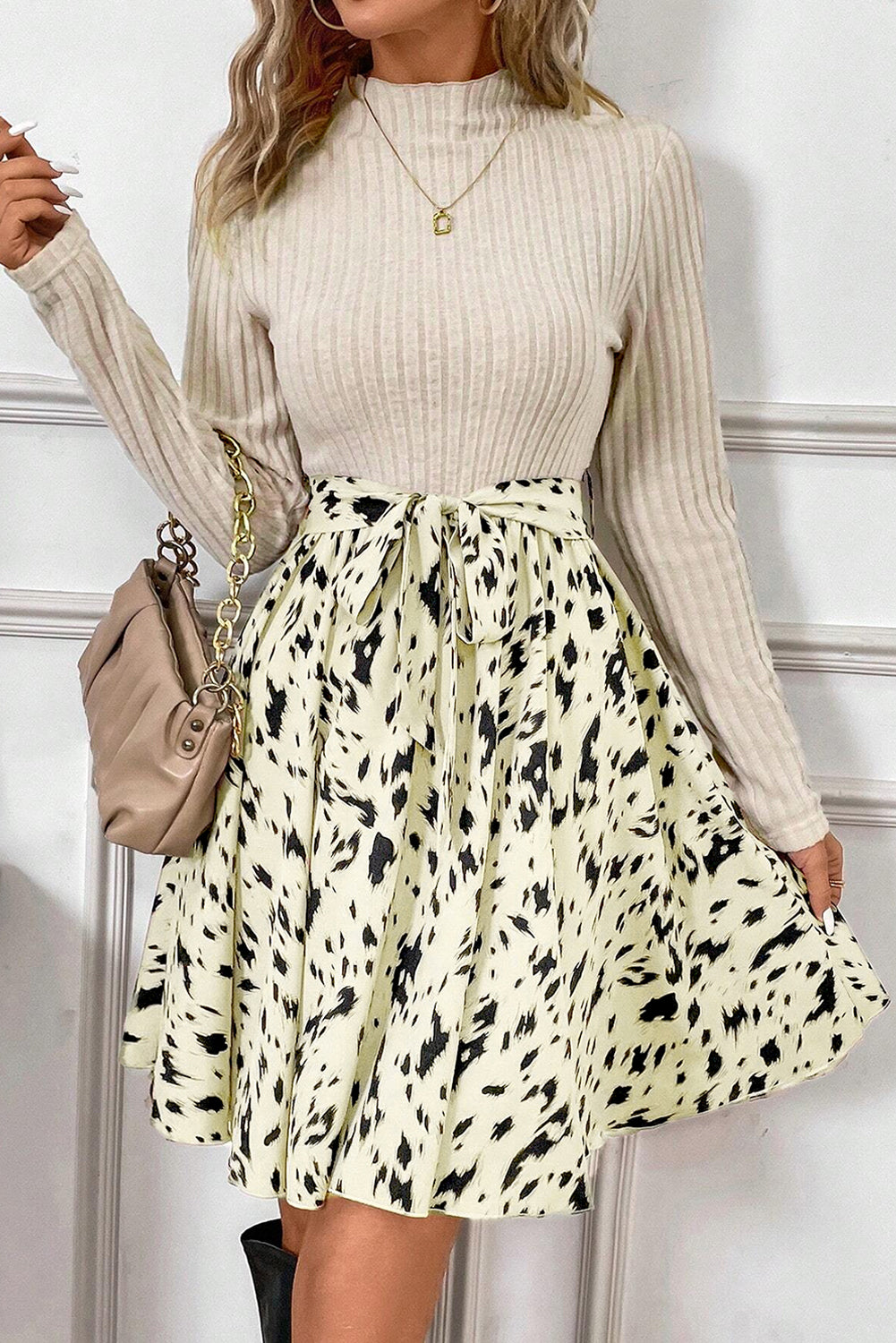 Beige Ribbed Knit Patchwork Printed Belted A-line Dress Dear-Lover Dropshipping