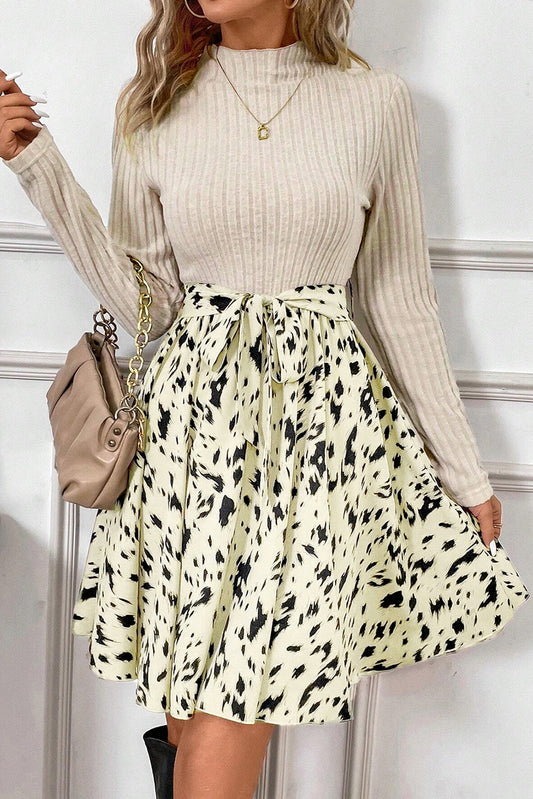 Beige Ribbed Knit Patchwork Printed Belted A-line Dress Dear-Lover Dropshipping
