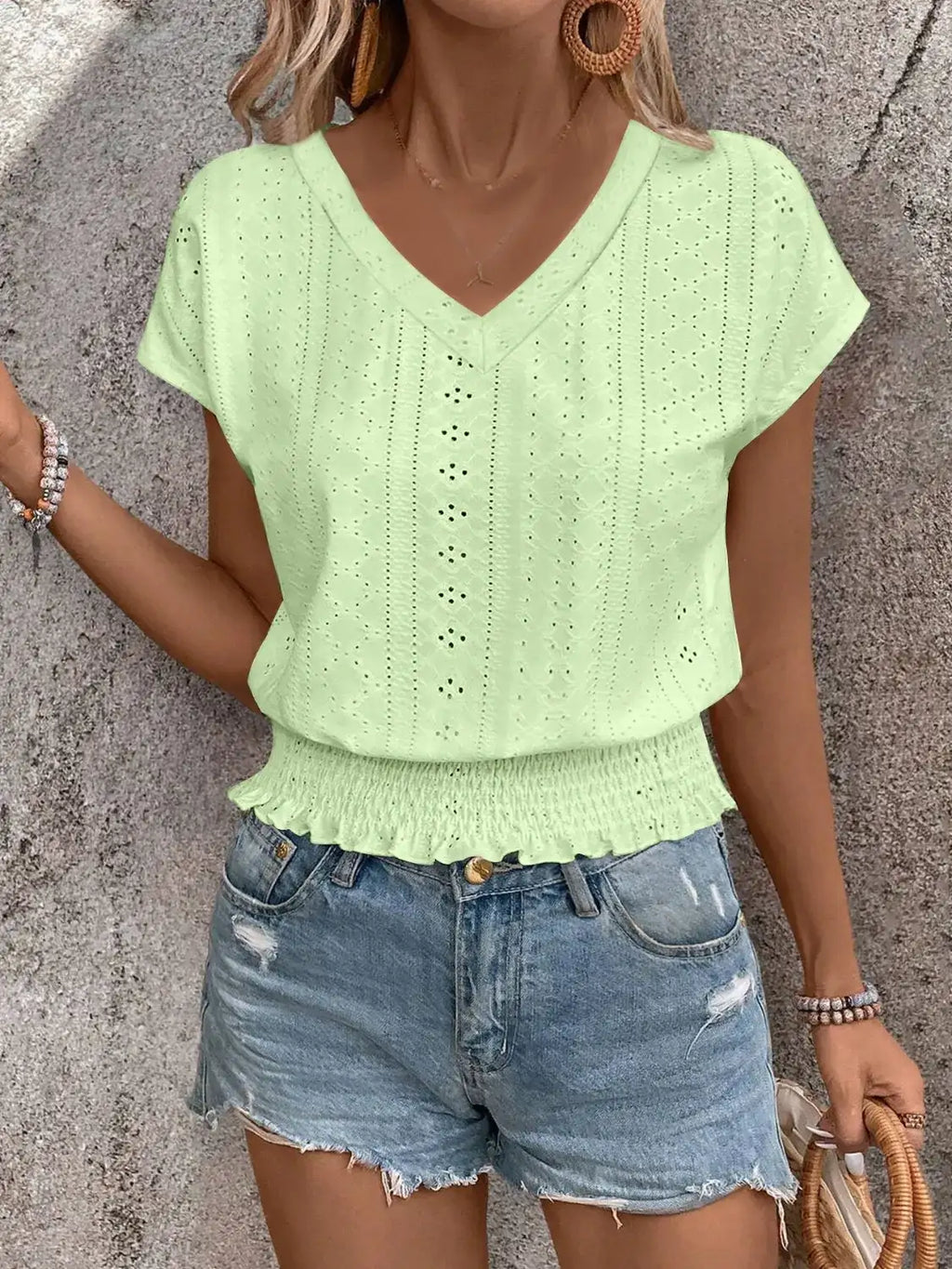 Eyelet V-Neck Short Sleeve Blouse.