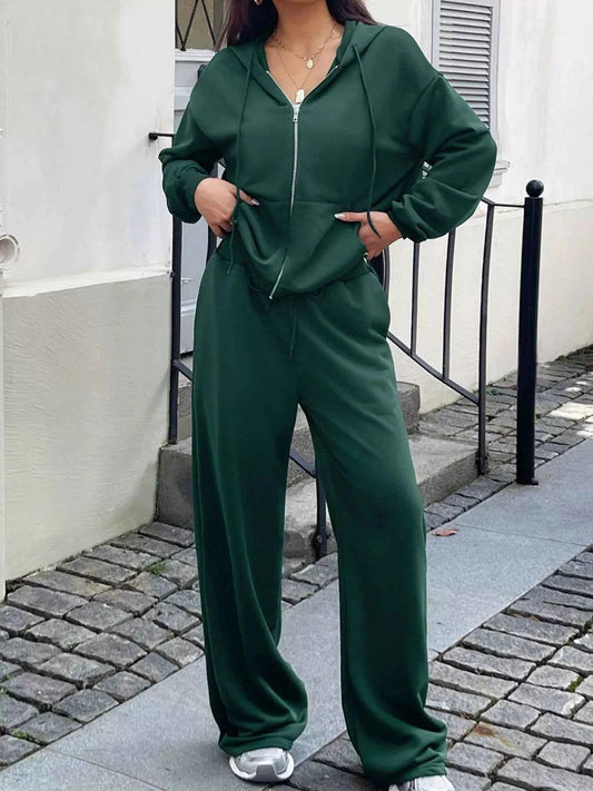 Casual Drawstring Zip Up Hoodie and Wide Leg Pants Set