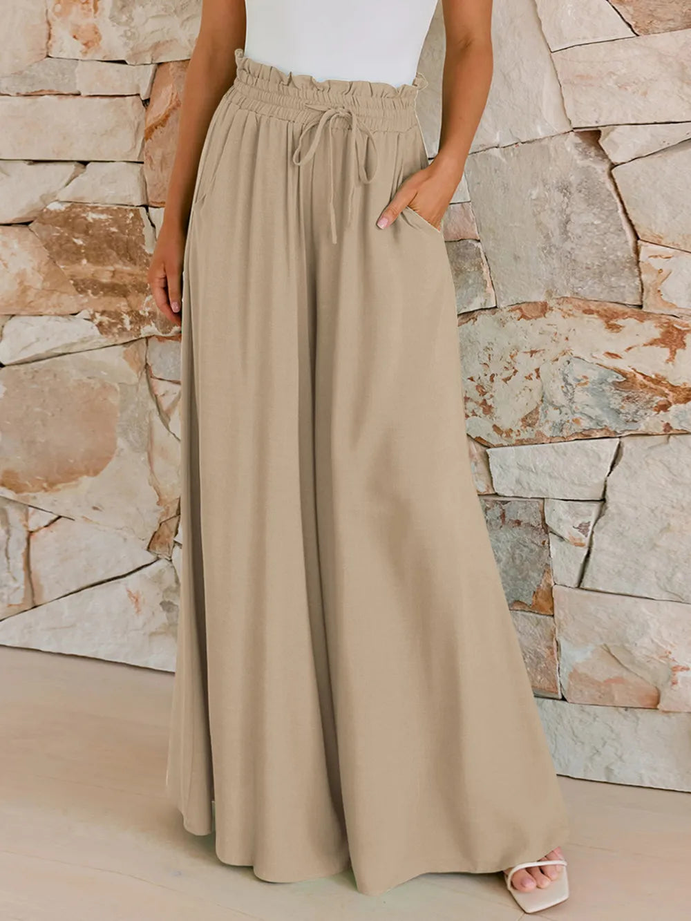 Drawstring Wide Leg Pants with Pockets.