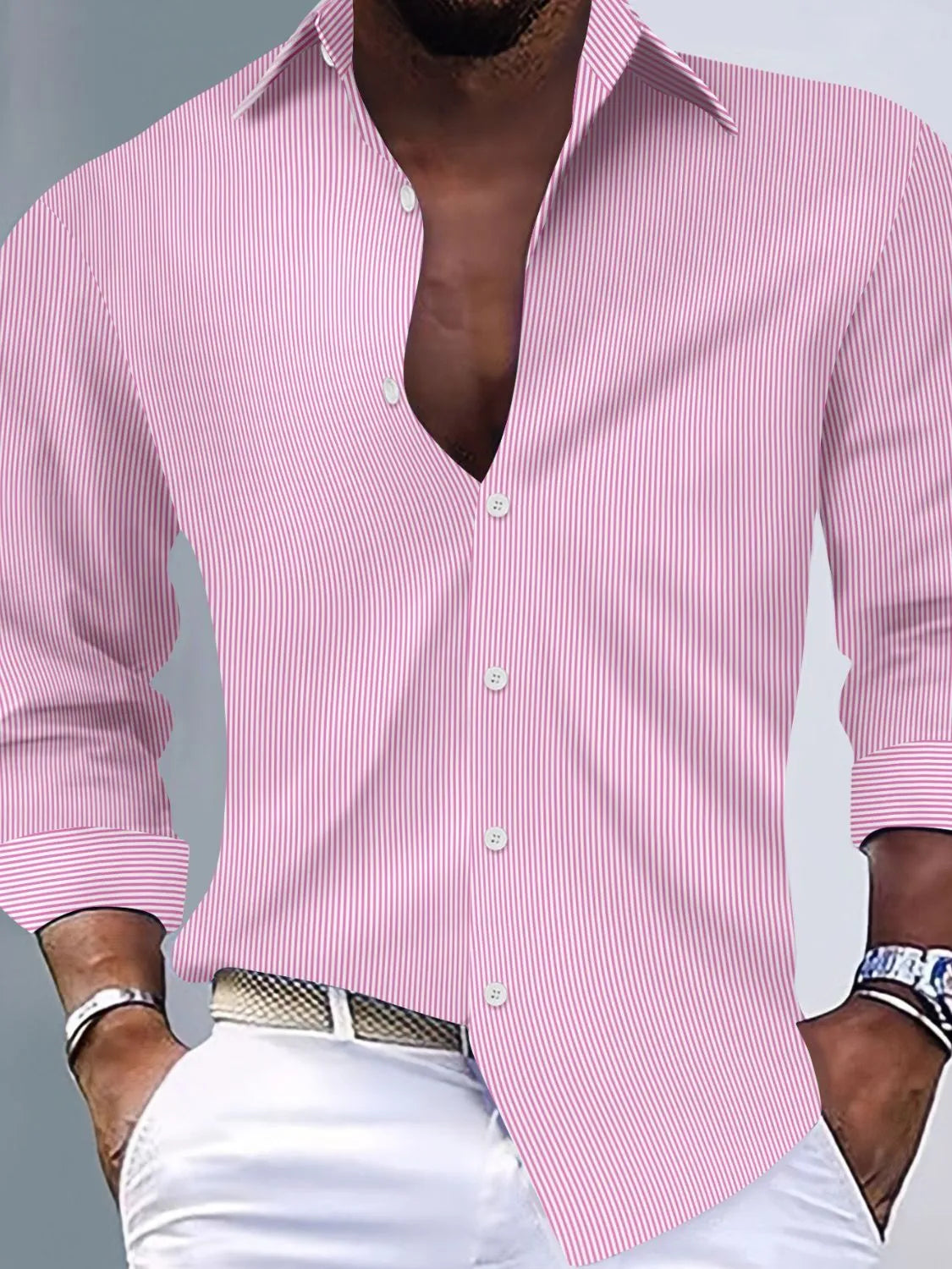 Men's Full Size Striped Button Up Long Sleeve Shirt Plus Size.