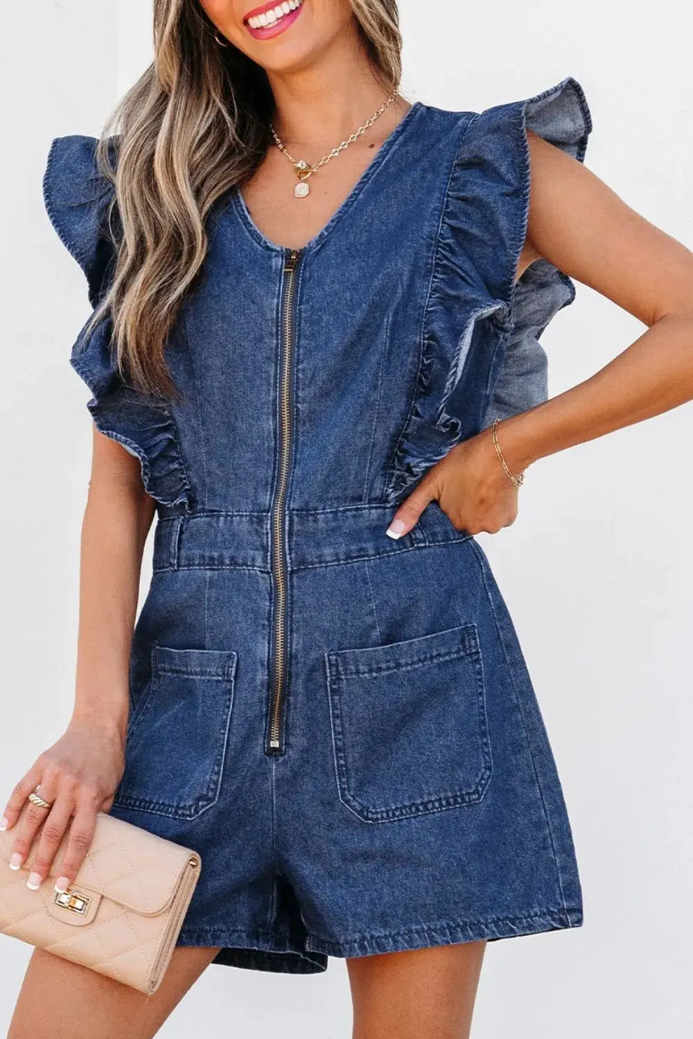 Denim Ruffled Zipped Front Belted Romper.